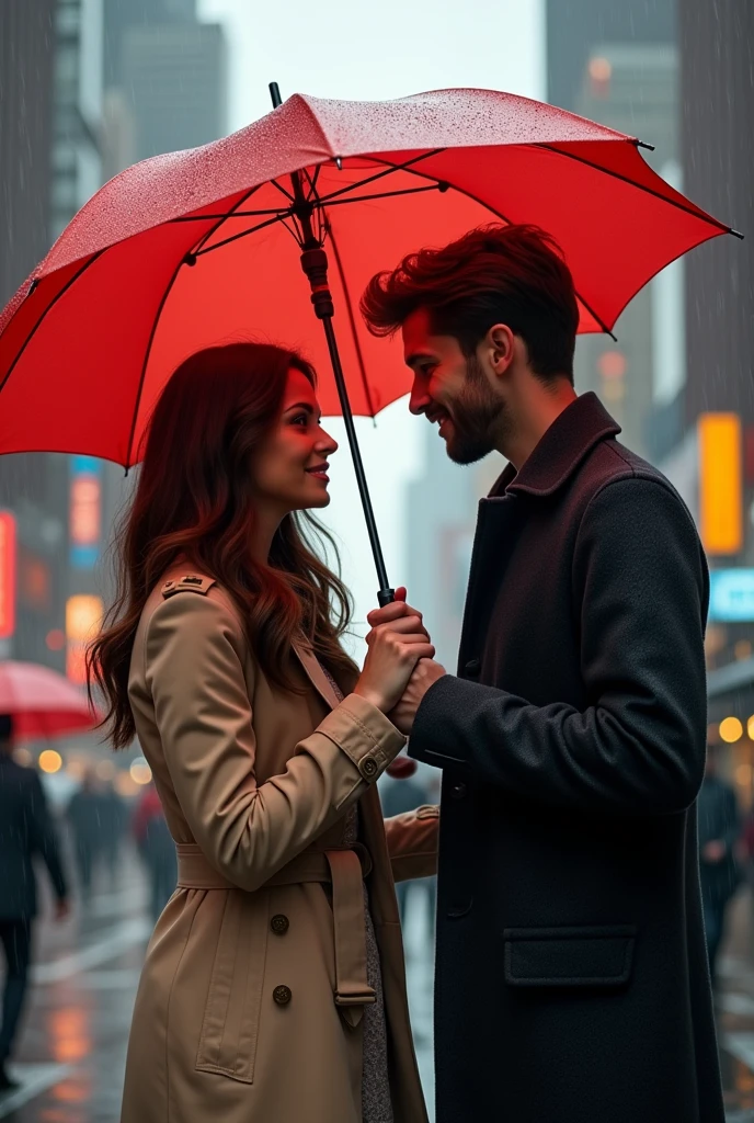 The woman is holding a umbrella and there guy approach her