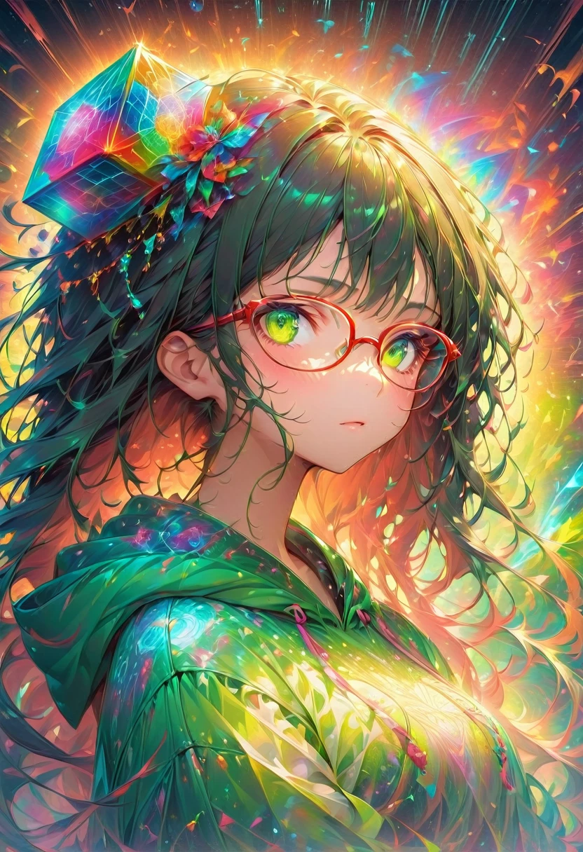 masterpiece, (beautifully、aesthetic:1.5), Surrealism, Very detailed, anime, A profile picture of a girl, wear oversized hoodie, Her hair was adorned with beautiful ornaments, Long Hair, Green Eyes, ((Glasses)), Red and navy blue color palette, Hard brush, Binary Code Effect, Minimalist low poly collage illustration, Painting effect, Dark ink, Featured on pixiv, saturated color, Hypercube, Pixel Sorting, A magnificent composition, Epic proportions, Dynamic Lighting, High resolution