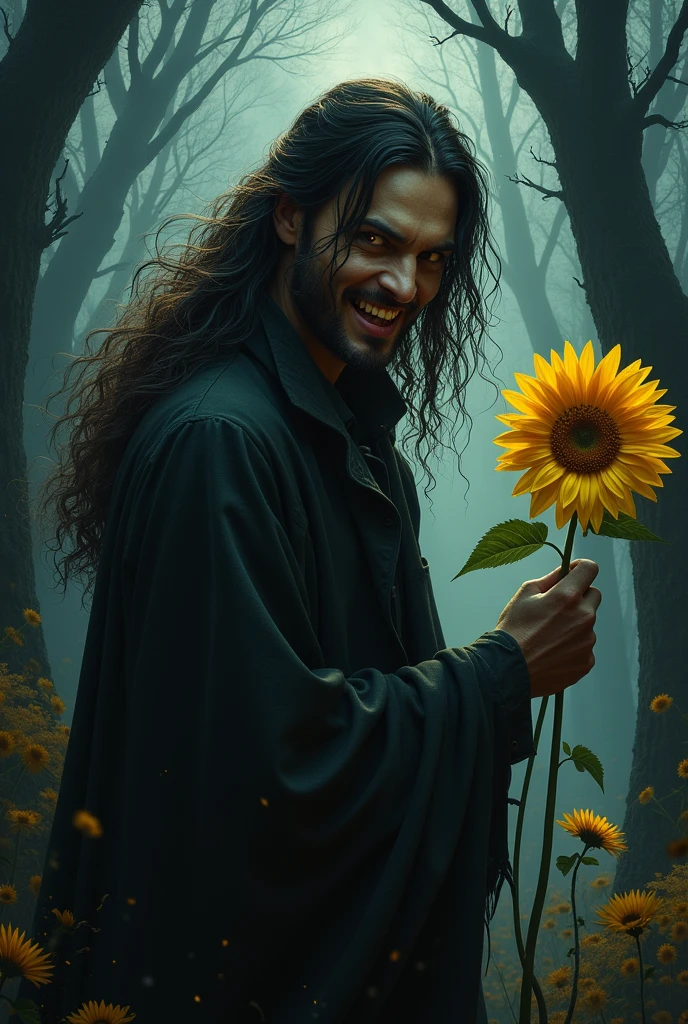Man with long hair holding a sunflower with an evil face on the side of the devil
