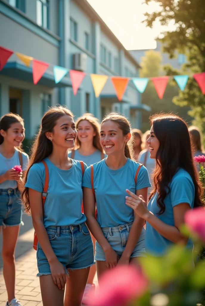 A group of students gathered together wearing blue clothes at a school and everyone is saying goodbye. It's the last day of school and everyone is happy to be together.