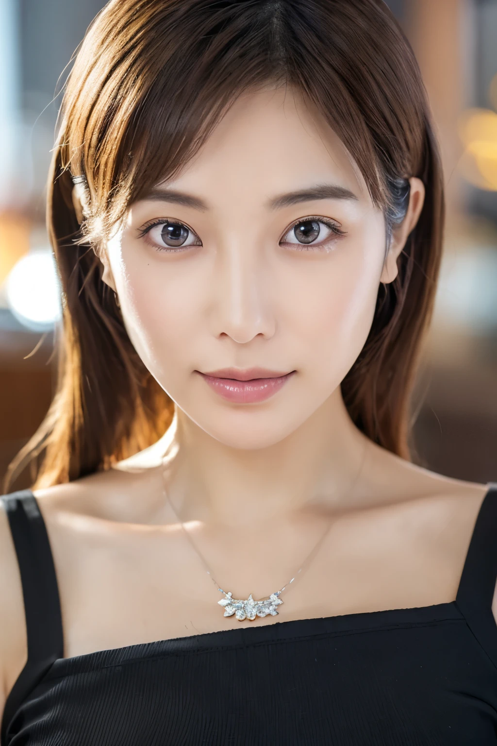 Skinny Japanese woman, Dressed, small head, cute face, detailed face, detailed eyes, (photographrealistic:1.4), (Hyper realistic:1.4), (Realistic:1.3), (Smoother lighting:1.05), (increase cinematic lighting quality:0.9), 32K, 1girl in, 30-years old, Realistic lighting, Backlighting, Light on Face, raytrace, (Brightening light:1.2), (Increase quality:1.4), (Top quality real texture skins:1.4), Black underwear, a necklace, Very thin waist, slender legs, (Increase body line mood:1.1), (Increase the beauty of skin texture:1.1)