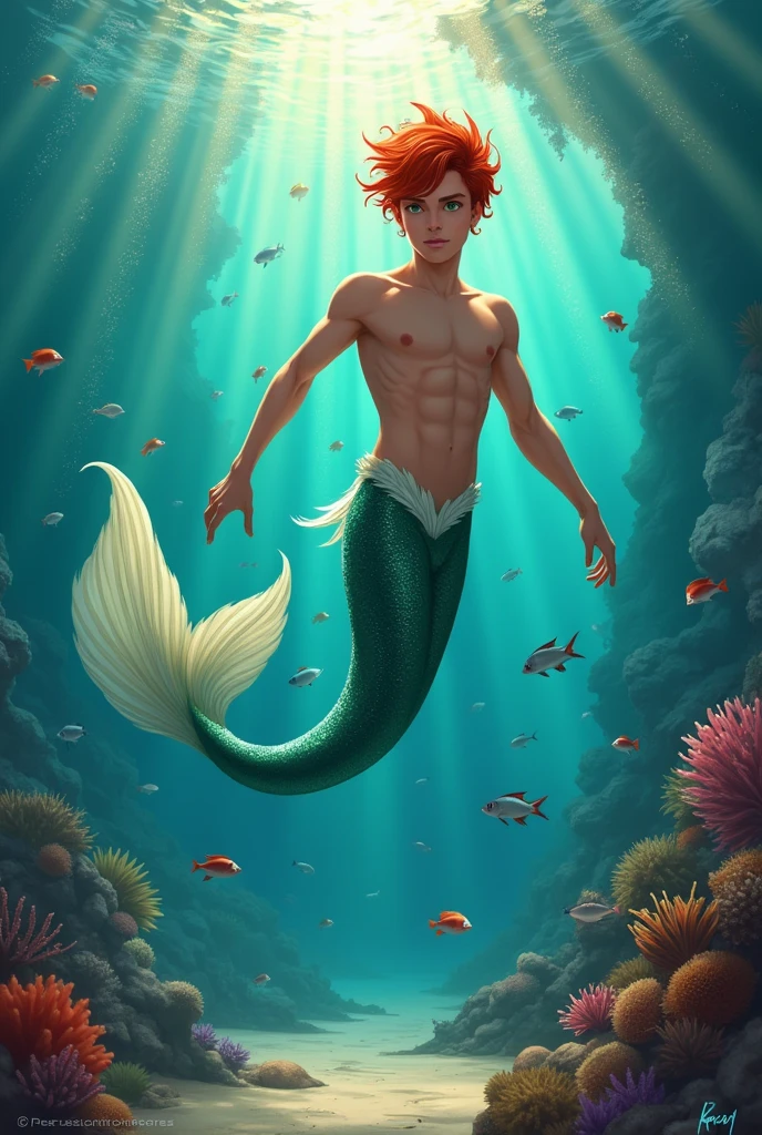 Triton with short natural red hair, young, with green eyes and long fin with a mermaid tail like a betta and has an athletic body and a few days&#39; beard. It is under water with several fish. 