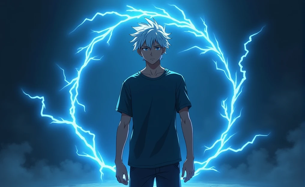 a young man with a serious expression, surrounded by an electric aura. His hair is spiky and messy, white or silver, which contrasts strongly with the dark, bluish lighting that dominates the scene.. He is dressed in a short-sleeved T-shirt over a long-sleeved T-shirt, both in dark tones, which gives it a casual but powerful air.
The background is shrouded in darkness, with rays of blue electricity snaking around the character, illuminating it dramatically and highlighting its figure in the dim light. The atmosphere is intense, conveying a sense of contained power and potential danger. The combination of the character's relaxed posture and the visual effects of electricity suggests that he is about to unleash an impressive force..
This style is semi realistic animated, with a focus on energy effects and building a tension-filled environment. It is a scene that could belong to a climatic moment