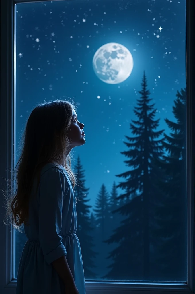 Girl looking out of window. There is night. Oit of eindow there are stars, trees, forest