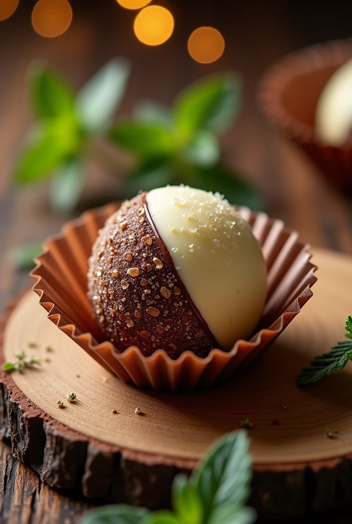 truffle, half brown and half white, covered in crystal sugar, in a pleated mold