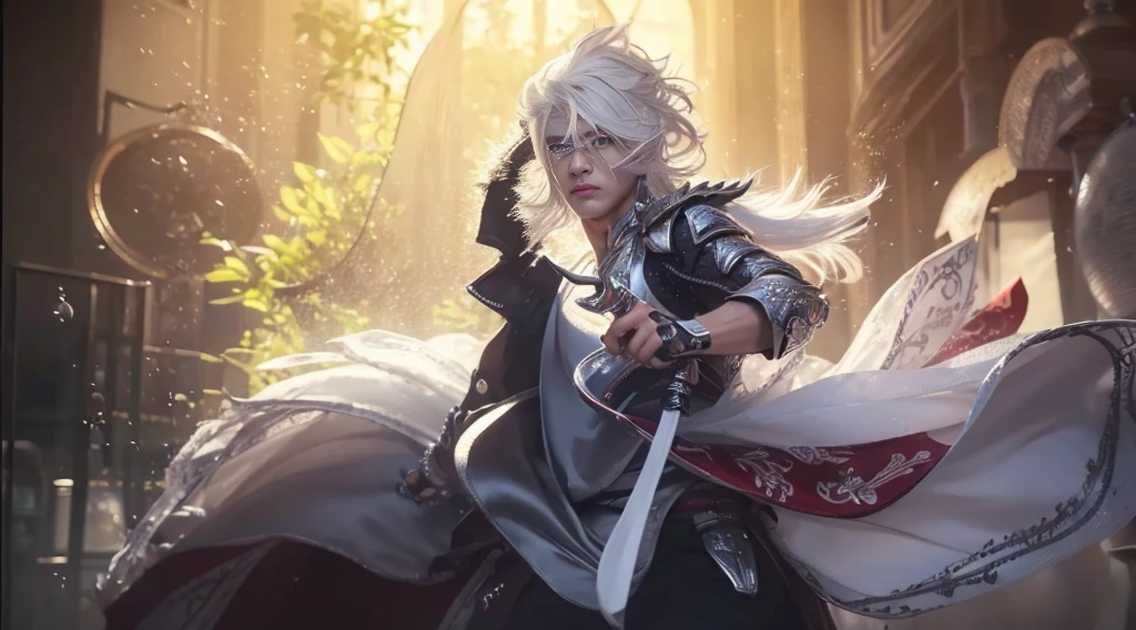 ((BEST Quality, 8k, Work: 1.3)), upper body,, Sharp focus: 1.2, man with perfect figure, highly detailed facial and skin texture, Detailed eyes, double eyelids, interior view, white hair, silver sword.