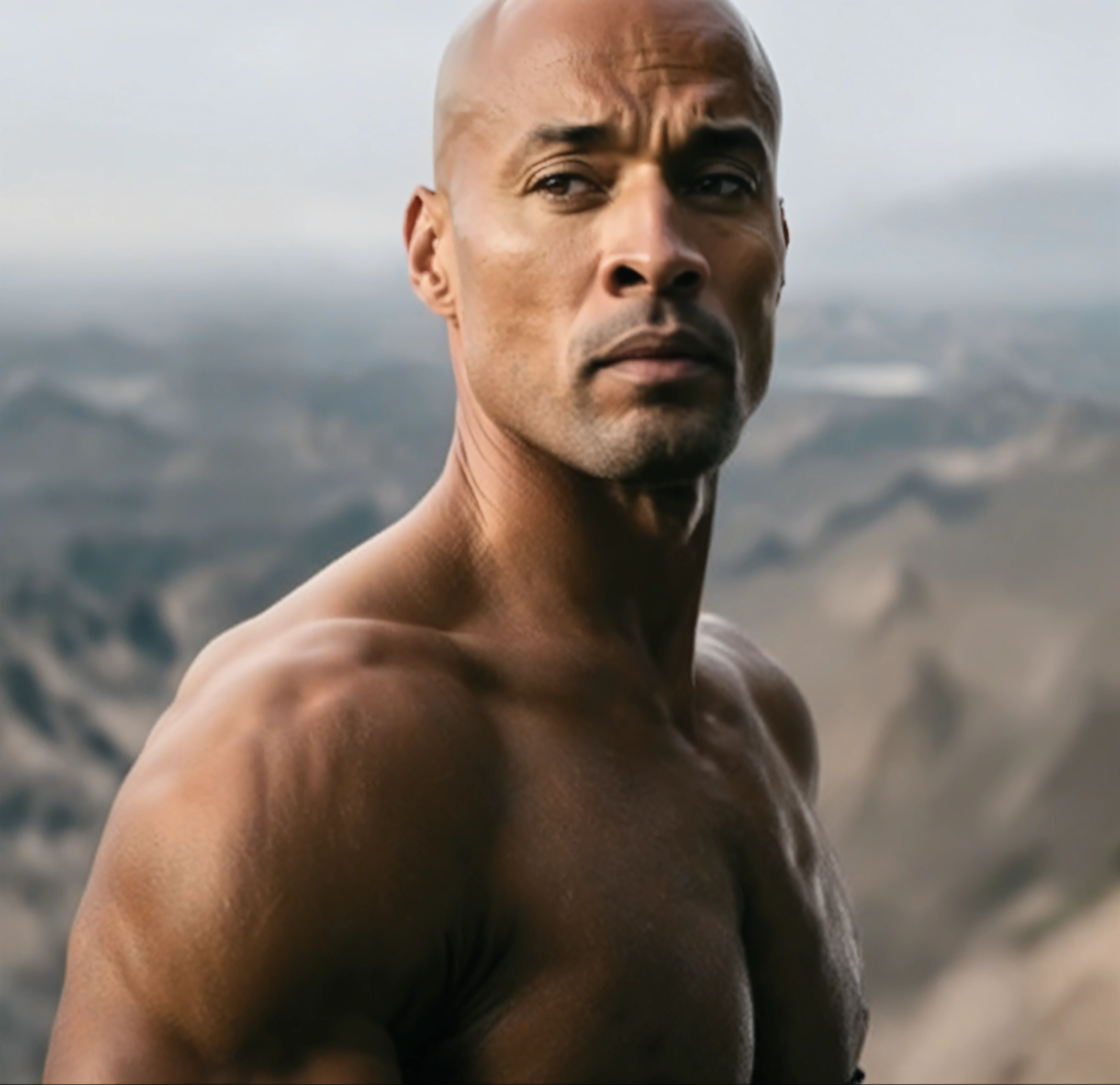 un hombre corpulento shirtless de pie frente a una montaña, A portrait of Daniel Gelon, unpack, Renaissance, muscular bald man, a Portrait of Dwayne Johnson, athletic man in his 30s, taken in the early 2020s, Portrait of a robust warrior, Greg Irons, Portrait of Dwayne Johnson, shirtless