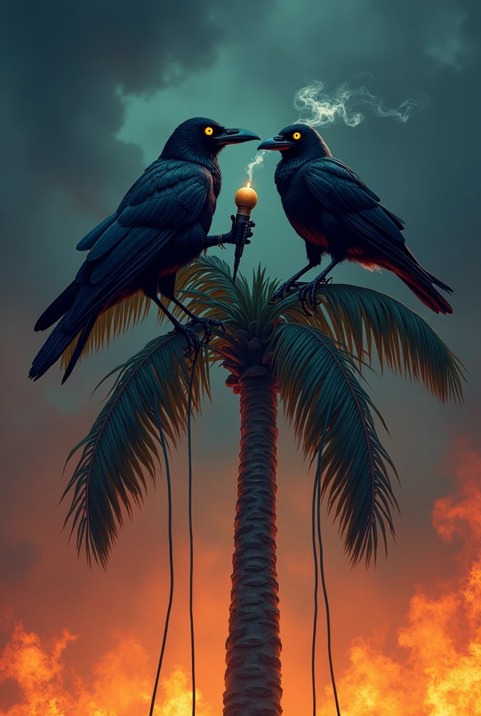 Two raven with yellow eye haging up in a palm
talking with podcast microphone. One of the
raven is smoking The palm is on fire
