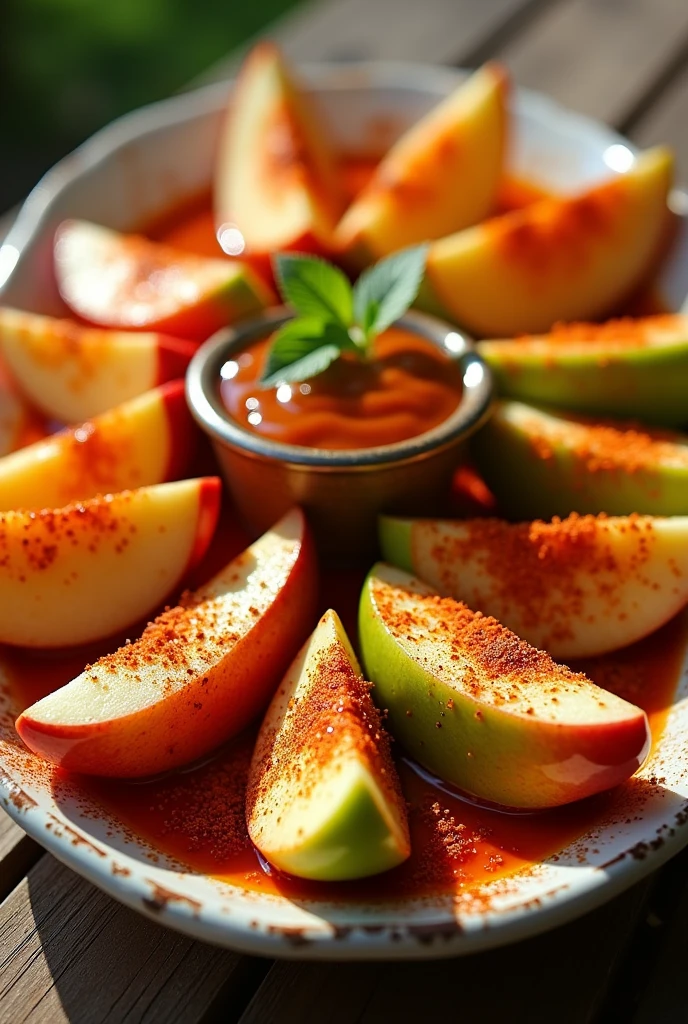 Apple wedges covered with tamarind paste and topped with chamoy and chili powder 