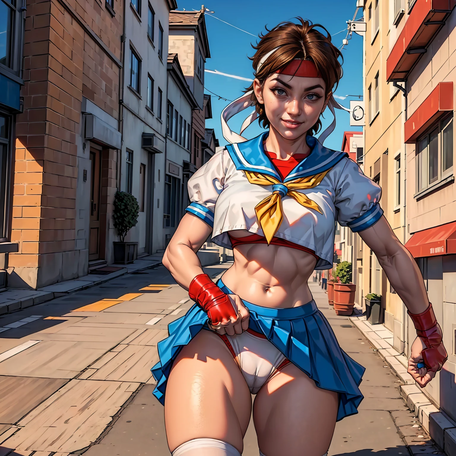 ((solo,1woman, mature, alone))), kasugano sakura, ((short brown hair, bangs, glowing brown eyes, wide eyes, makeup, narrow waist, skinny, medium breasts)), pelvic curtain, (( headband, school uniform, white panties, crop top, yellow neckerchief, blue skirt, fingerless gloves, white socks, red footwear)), full body, perfect body, (insanely detailed, beautiful detailed face, masterpiece, best quality), (extremely detailed 8k paper CG wall unit: 1.1), (street settings, city, dusk), (smile face for the viewer), from below, cameltoe view,