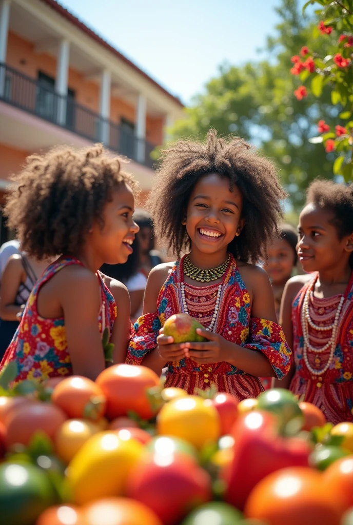 Creer une image dans la grande cour du centre culturel Macumba, 01 mai fête kouzin zaka, des tables avec fruits et legumes, de très beaux decorations pour cette fete de couzin zaka. Les enfants âgés entre 10 et 18 ans, s'habilles en habits traditionnels, colliers, des cheveux crepus, lisses. Scène hautement coloré, camera 4d, très lumineux. La secrétaire SKET.M coordonne
