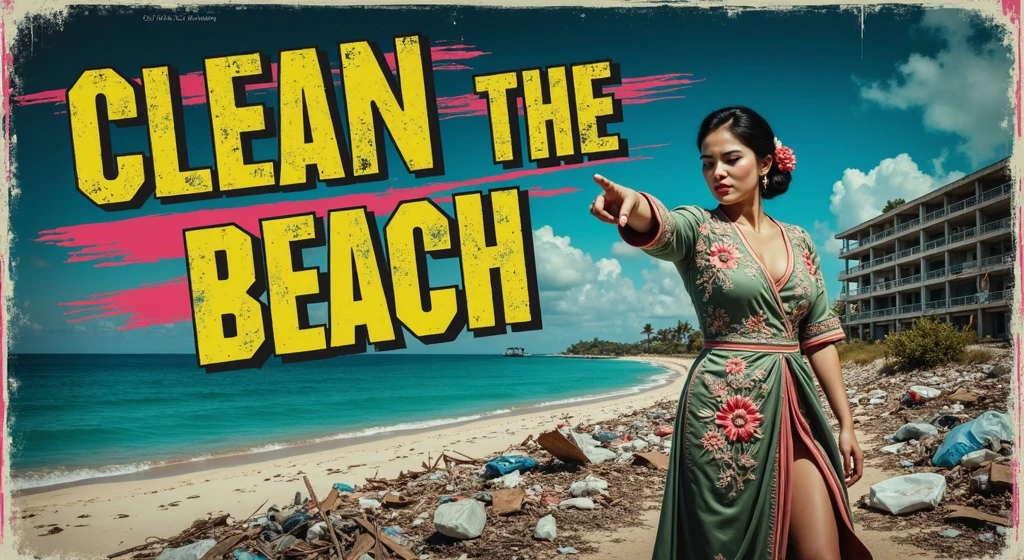 Bold, distressed, and weathered title "CLEAN THE BEACH" in a gritty, vibrant, and unsettling 70's grindhouse cinema poster style, dominating the foreground with a sense of urgency, in a worn, neon-lit color scheme with acid yellows, hot pinks, and deep blues. Against this backdrop, a stunning, 30-year-old female stands out, exuding a sense of mischief and determination, set amidst the desolate landscape of Muine beach, flanked by a dilapidated resort and a calm, turquoise sea. Her dynamic posture conveys a sense of defiance, wearing a worn, vintage ao dai with intricate embroidery and faded florals, its soft folds and creases a stark contrast to the harsh environment. Her finger points accusingly at the viewer. Barren, trash-littered landscape, surrounded by shattered garbage and discarded waste, evoking a sense of rebellion and frustration. The image is rendered in a style reminiscent of Arthur Rackham and Ciruelo Cabral, with bold lines, expressive textures, and an ultra-detailed, cinematic quality, as if ripped from the reels of an analog film.