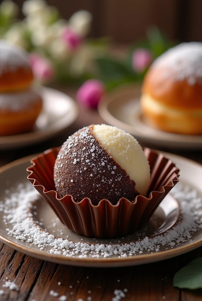 truffle, half brown and half white, covered in crystal sugar, in a pleated mold