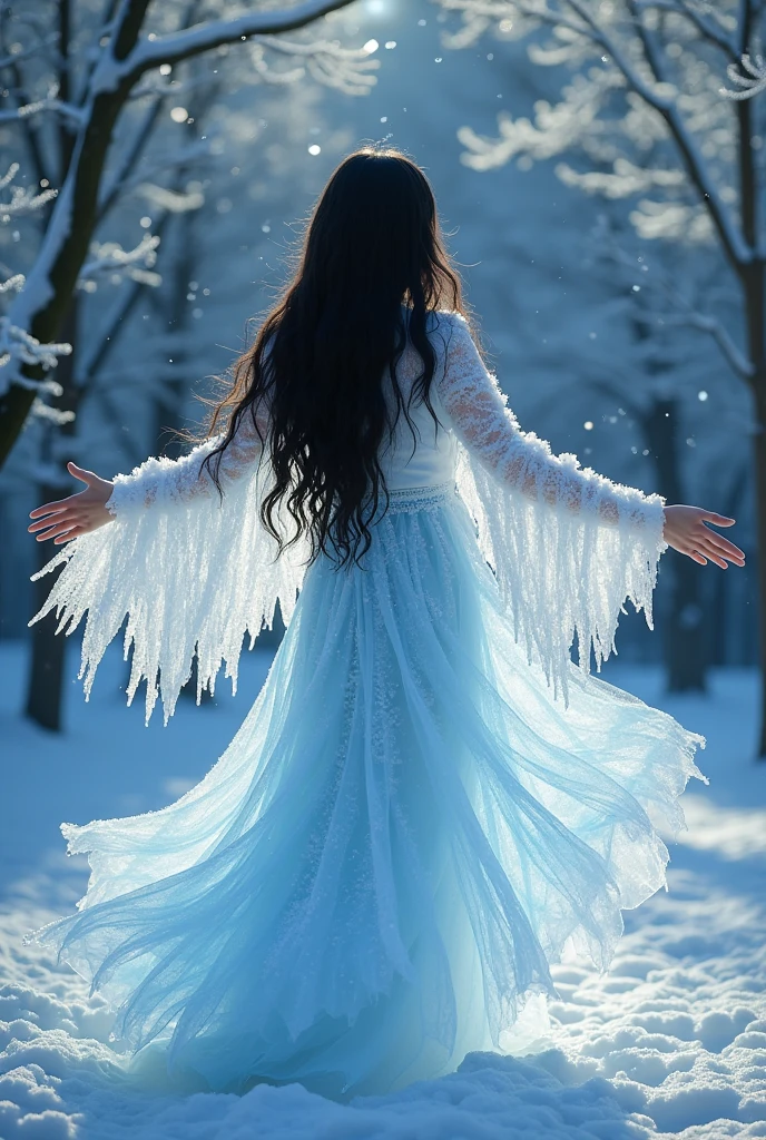 Black haired white woman transforming into an ice fairy that changes to white hair
