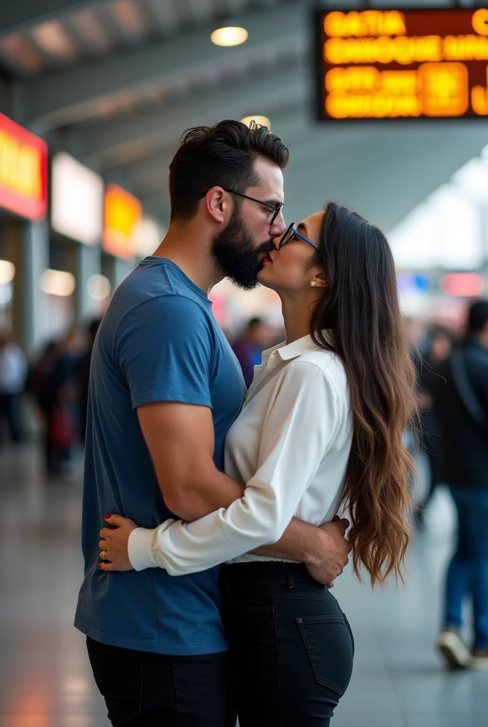 a couple, at a bus terminal, by name Flavio Alfaro, The boy with the girl carried at waist height, giving each other a hug and a kiss, The boy with 7 days beard, Brown eyes, 1.85 meters tall, with a blue t-shirt and black pants, the girl with glasses, Brown eyes, Long hair, dressed in a white long-sleeved shirt and black pants, red nails,