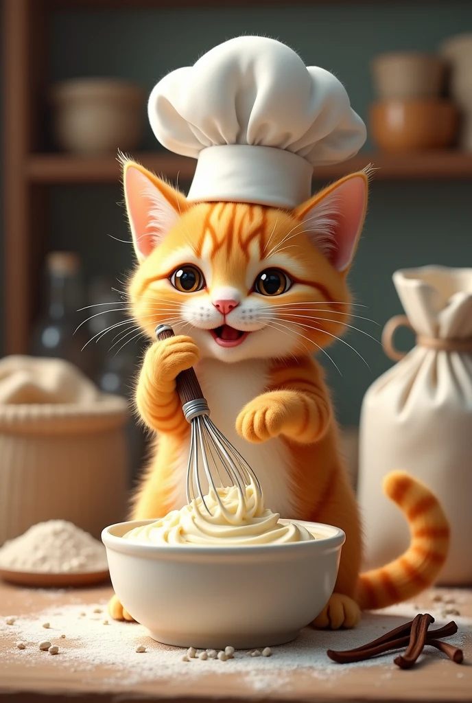 cat with chef hat whisking a pastry mixture, that the image is for the logo of a pastry brand
