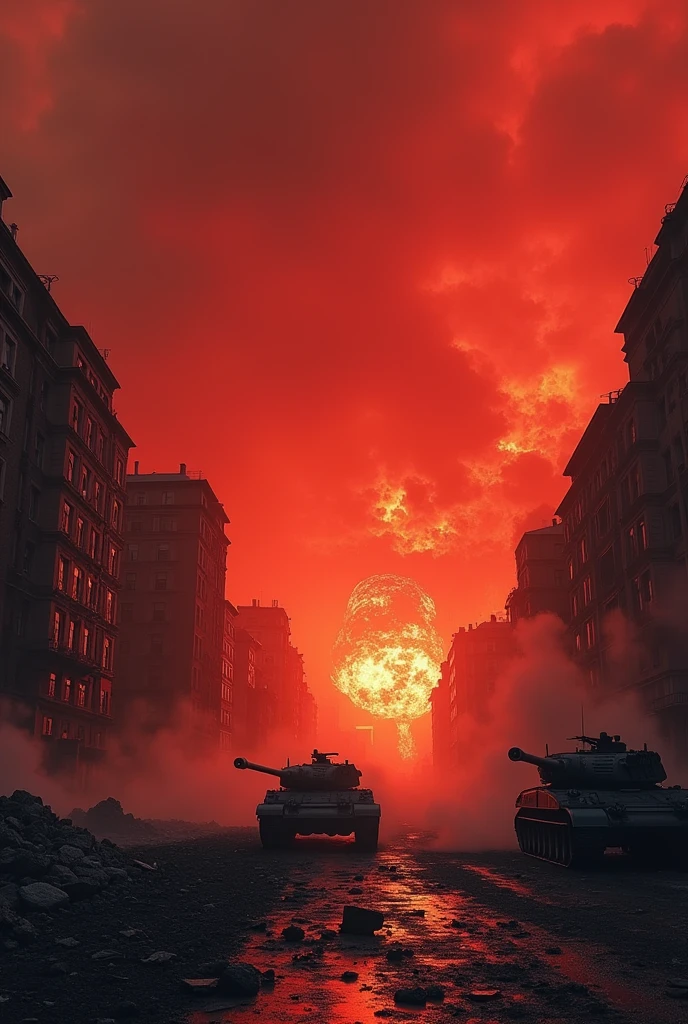 no people, devastated, Red Sky, explosions, bombs, fire smoke, fallen buildings, war wuins, fat man bomb, world war II, war tanks
