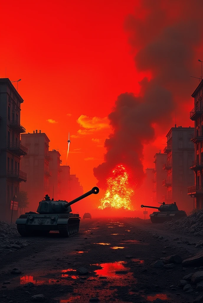 no people, devastated, Red Sky, explosions, bombs, fire smoke, fallen buildings, war wuins, fat man bomb, world war II, war tanks