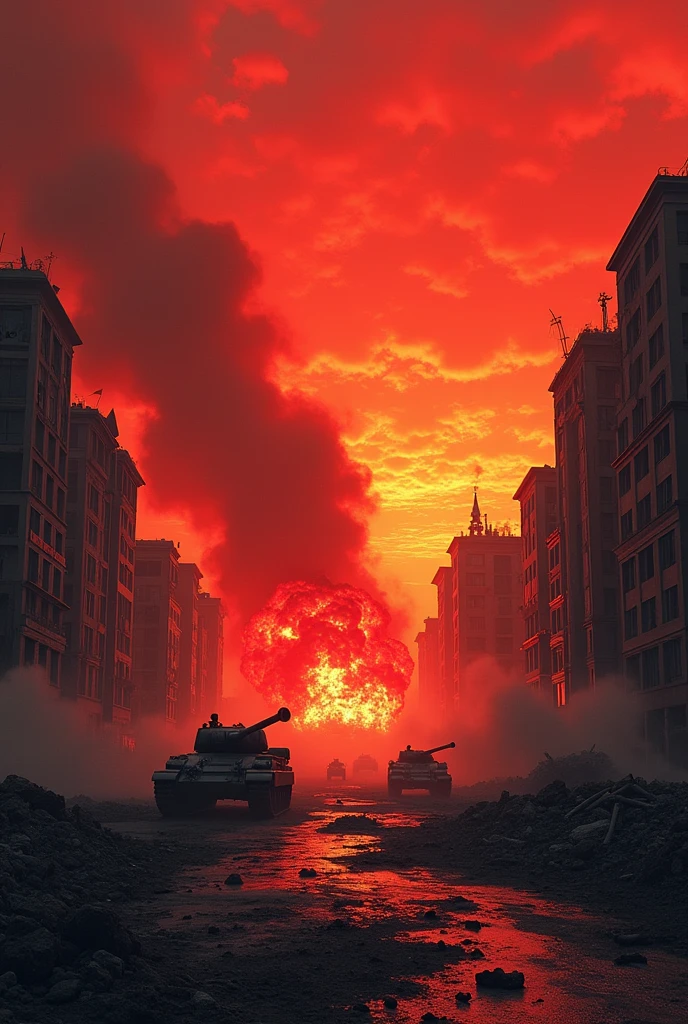 no people, devastated, Red Sky, explosions, bombs, fire smoke, fallen buildings, war wuins, fat man bomb, world war II, war tanks