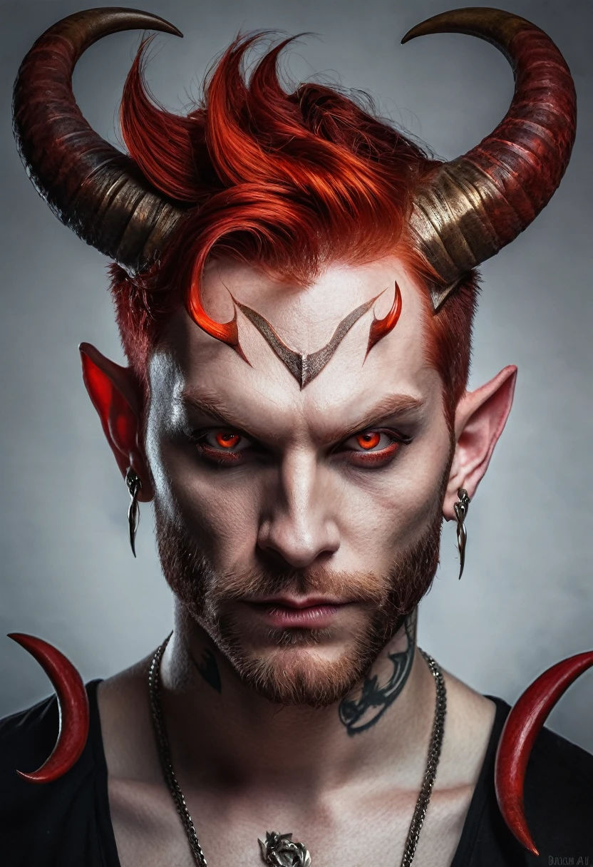 Red haired man with a tattoo and a devilish head, Demonio masculino en forma With horns blancos., Male Demon, fantasy male portrait, With horns, Lucifer, huMale Demon Man, horns and red eyes, Male Demon Man, demon horns, lienzo al óleo de Lucifer, demon boy, half human demon portrait, hyperrealistic fantasy art, Dark fantasy mixed with realism.