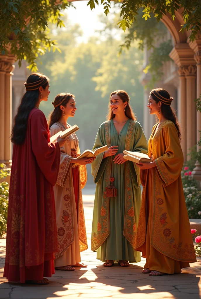 Generate animated image like a realistic drawing of a group of three women and a man, as if they were going to college "Galileo",  colleagues and that they look like they are from the time of the philosophers, the atmosphere recreated and brought back to that era and the image being in color