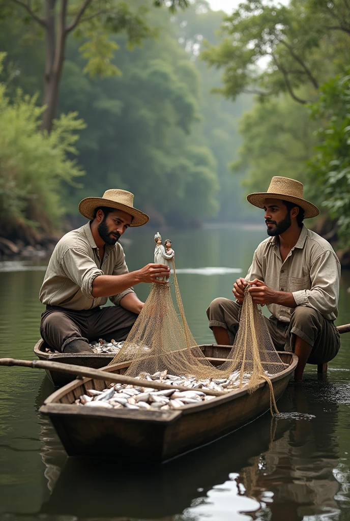 Drawing of 3 men dressed in hats and simple 17th century fisherman's clothing, in 2 rowing boats, with fishing nets and full of fish, in a river, one of them holds in his hands the 36cm statue of Our Lady of Aparecida, found in the river.