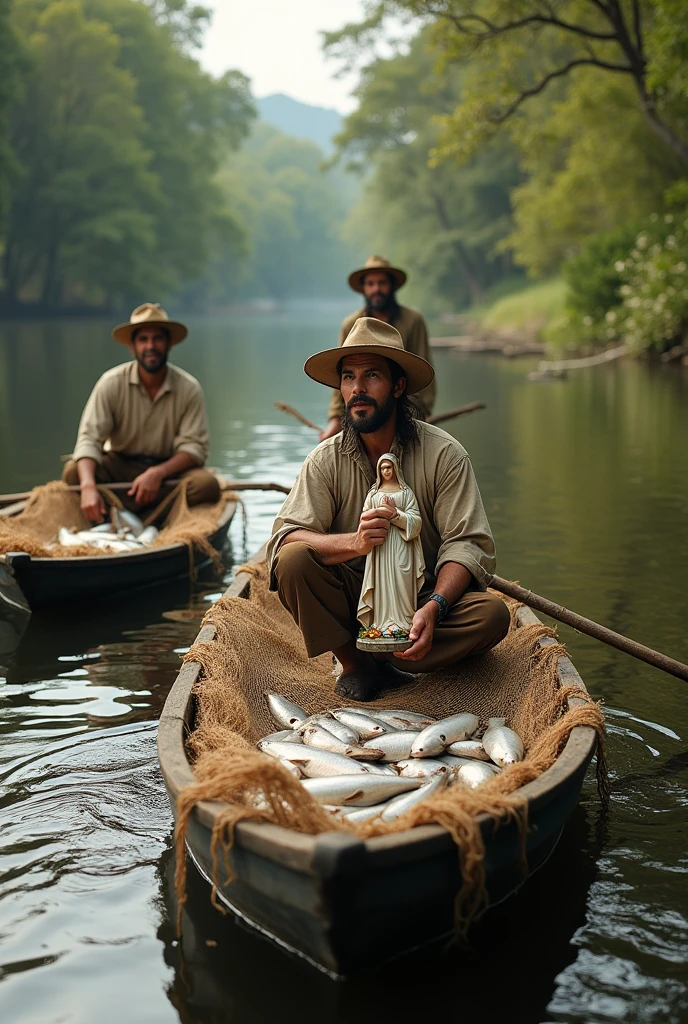 Drawing of 3 men dressed in hats and simple 17th century fisherman's clothing, in 2 rowing boats, with fishing nets and full of fish, in a river, one of them holds in his hands the 36cm statue of Our Lady of Aparecida, found in the river.
