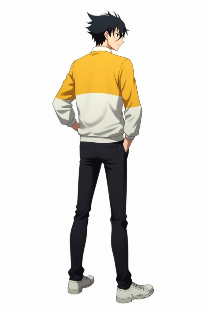 Create a male anime character with black hair upwards black eyes light skin shirt with white bottom with yellow top and yellow sleeves black pants and white shoes and white background