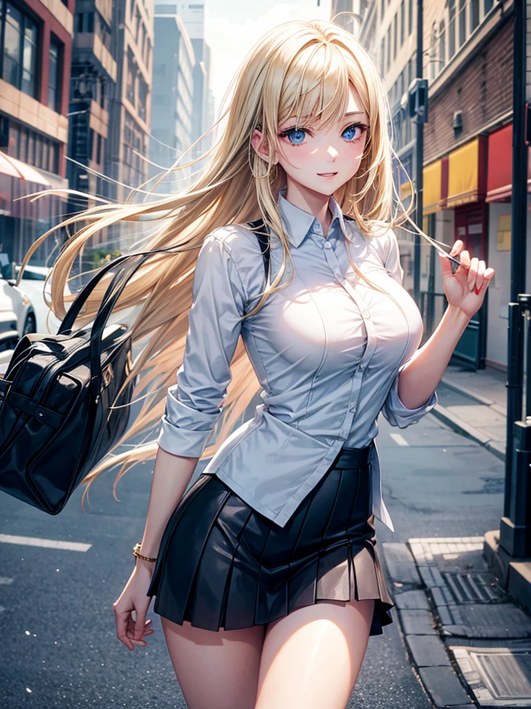 Anime style, super fine illustration, highly detailed, beautiful detailed, pale tone image, static representation, gentle expression, 8k, pretty 1girl with blonde straight short hair & blue eyes & a bright smile & full bust & soft fair skin is wearing big white business shirt not to show her skin & black tight skirt & 1business bag, on the business building street, in the morning, brilliant particles of lights, romantic stories, solo, perfect fingers, perfect arms, perfect legs, masterpiece.