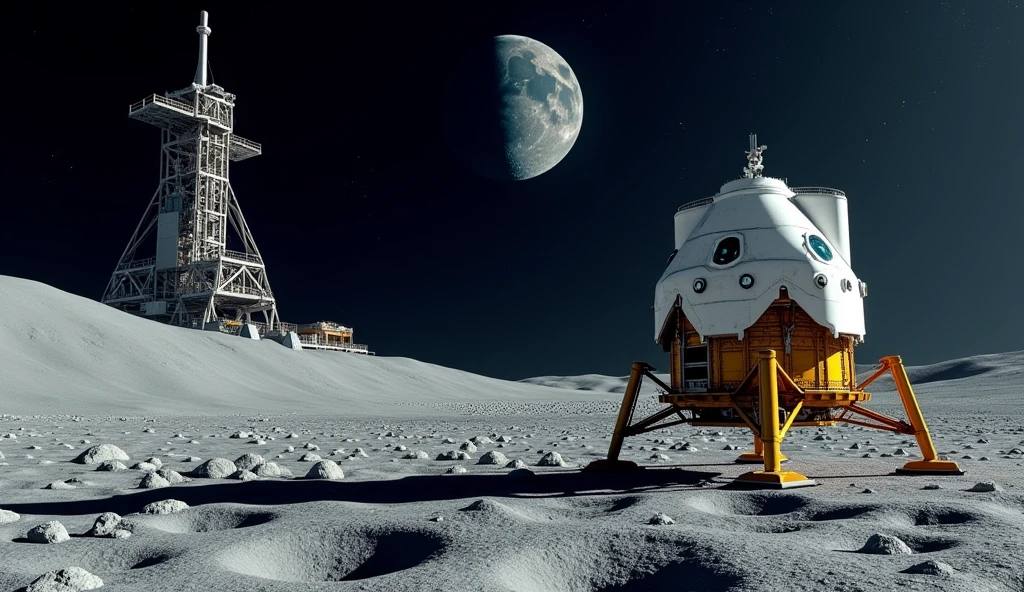 lunar module on the moon, launch pad, realistic, nasa