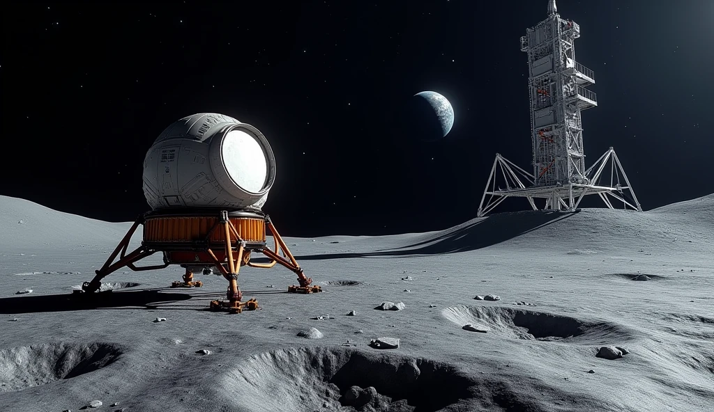 lunar module on the moon, launch pad, realistic, nasa