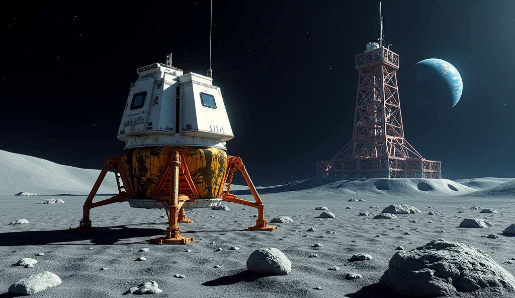 lunar module on the moon, launch pad, realistic, nasa