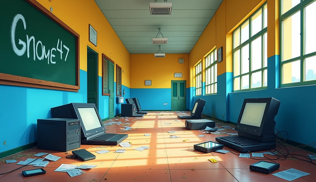 a school corridor with bright colors, there are old PCs and laptops and phones thrown on the floor, and on a wall there is a board that writes "GNOME 47", anime style