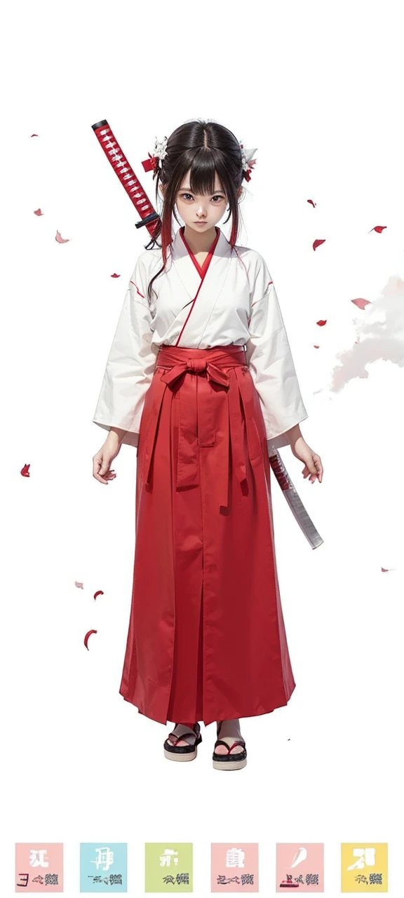 anime teenage girl white kimono, red hakama, katana, white background, neutral expression, simple pose