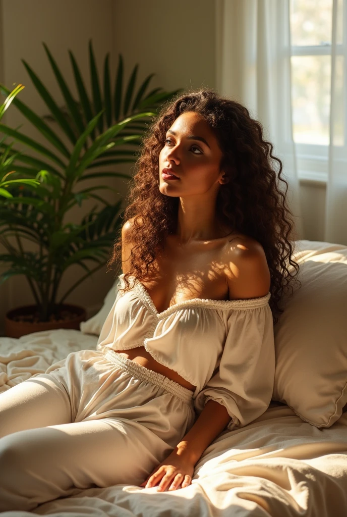 (photorealism:1.2), beautiful woman, sitting on bed, wearing loose off-shoulder top, pajama pants, long curly hair, indoors, soft lighting, plants in background, window with sunlight, cozy room, relaxed pose, realistic, intricate details, warm colors, by Greg Rutkowski, by Alphonse Mucha