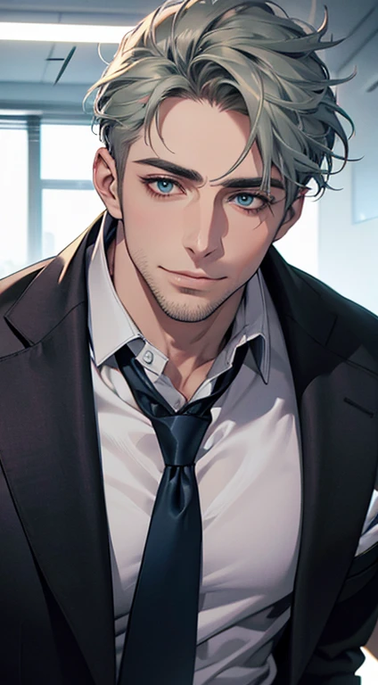 (best quality,4k,8k,highres,masterpiece:1.2),ultra-detailed,(realistic,photorealistic,photo-realistic:1.37),1 man,31 years old,mature man,very handsome,without expression,smile,short grey green hair,blue eyes,penetrating gaze,perfect face without errors,imposing posture,businessman,office background,cinematic lighting,hdr image