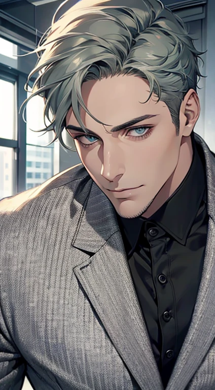 (best quality,4k,8k,highres,masterpiece:1.2),ultra-detailed,(realistic,photorealistic,photo-realistic:1.37),1 man,31 years old,mature man,very handsome,without expression,smile,short grey green hair,blue eyes,penetrating gaze,perfect face without errors,imposing posture,businessman,office background,cinematic lighting,hdr image