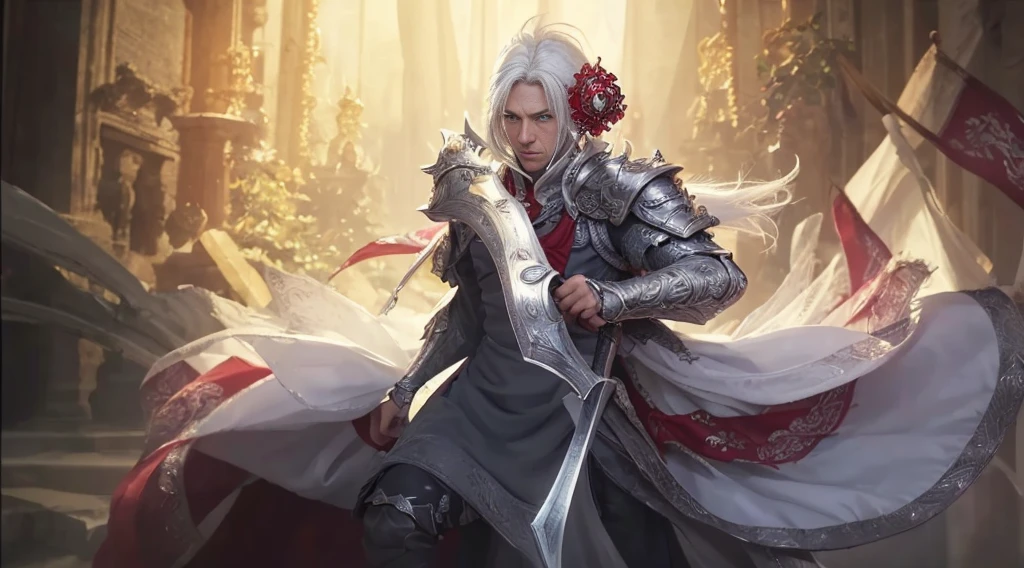 ((BEST Quality, 8k, Work: 1.3)), upper body,, Sharp focus: 1.2, man with perfect figure, highly detailed facial and skin texture, Detailed eyes, double eyelids, interior view, white hair, silver sword.