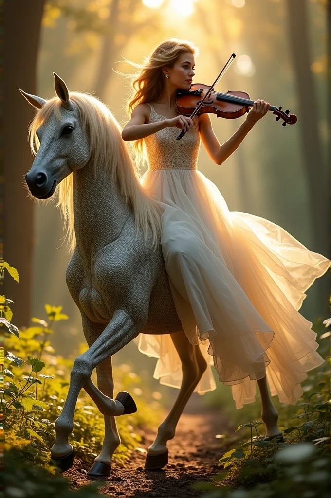 Create a woman playing the violin while riding a strings centaur man 