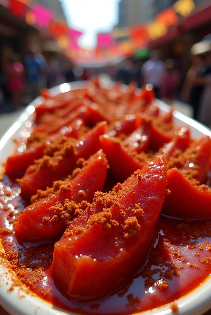 Tamarind paste wedges topped with chamoy and chili powder 