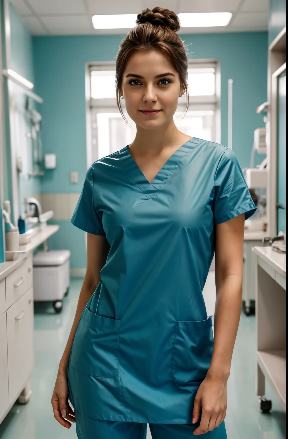 Ultra realistic, Cinematic portrait of a girl, 19 years, as surgical nurse, wearing teal surgical scrubs, posing for a photo, Véronique Meignaud, katinka reinke, Virginia Ropars, johanna rupprecht, jenni pasanen, Aleksandra Waliszewska, wore picture, Andrée Wallin, tamara de lepika, daniela uhlig, Portrait picture, long facestanding, working in surgery, , body, pale skin, beautiful face, big smile, detailed face, ultra soft and ultra light slight small teal women hospital scrubs, teal hospital scrubs, wide angle showing full body, hospital ward, people, bokeh, short hair tied up bun / Chignon