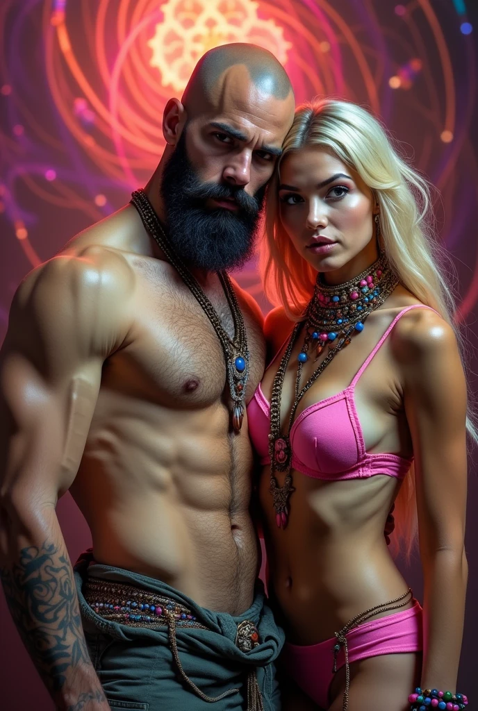 Sacred rebels, an extremely attractive couple. Dark bearded handsome bald shaman man with muscular upper body bare. Blonde fairie-like bimbo girl, dressed in flirtatious pink skimpy underwear, perky big breasts, plenty of cleavage, hourglass body. Lots of hippie style jewelry. Side by side, touching each other sensually, facing the camera, looking into the camera. General tone of picture is vivid colors, dreamlike, psychedelic.