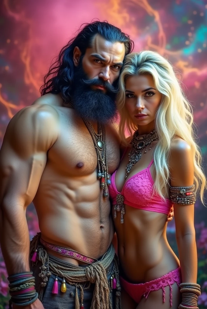 Sacred rebels, an extremely attractive couple. Dark bearded handsome bald shaman man with muscular upper body bare. Blonde fairie-like bimbo girl, dressed in flirtatious pink skimpy underwear, perky big breasts, plenty of cleavage, hourglass body. Lots of hippie style jewelry. Side by side, touching each other sensually, facing the camera, looking into the camera. General tone of picture is vivid colors, dreamlike, psychedelic.