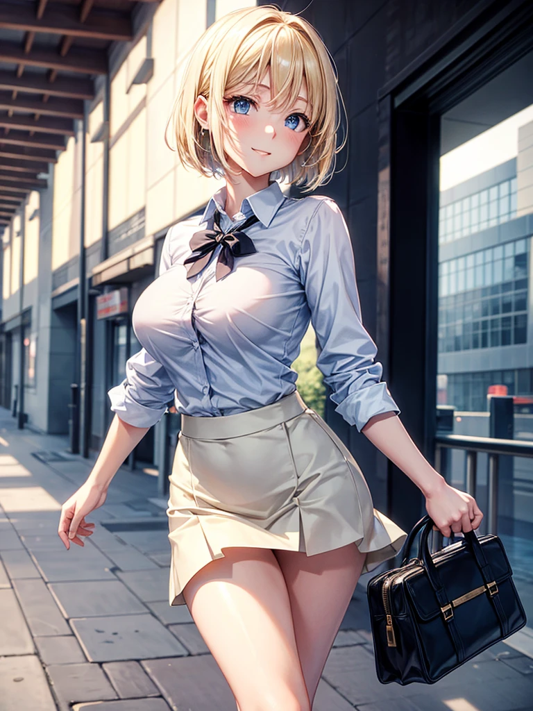 Anime style, super fine illustration, highly detailed, beautiful detailed, pale tone image, static representation, gentle expression, 8k, pretty 1girl with blonde straight short hair & blue eyes & a bright smile & full bust & soft fair skin is wearing big white business shirt not to show her skin & black tight skirt & 1business bag, on the business building street, in the morning, brilliant particles of lights, romantic stories, solo, perfect fingers, perfect arms, perfect legs, masterpiece.