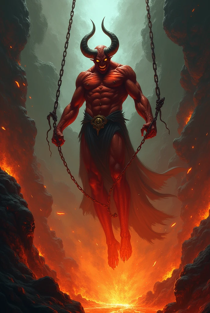 Make an image of Satan chained and falling into hell screaming