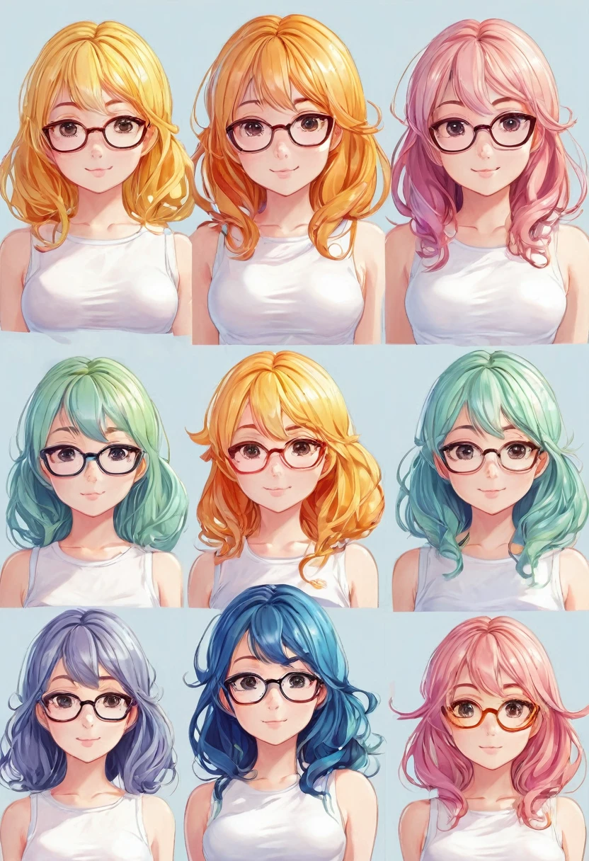 "Generate a character design for an anime or cartoon style girl with the following features:"
- Proportions: Enlarged bosom (cup size > D), large buttocks, thin waist
- Facial structure: Cute, youthful features, perhaps with glasses or a signature accessory
- Skin tone: Soft, pastel colors or pastel undertones
- Hair style: Bouncy, flowing locks in bright, vibrant colors
- Expression: Playful, innocent, or mischievous
- Attire: Colorful, fitted clothing accentuating her curvaceous shape, white tight shirts , slightly visible Arreola ,