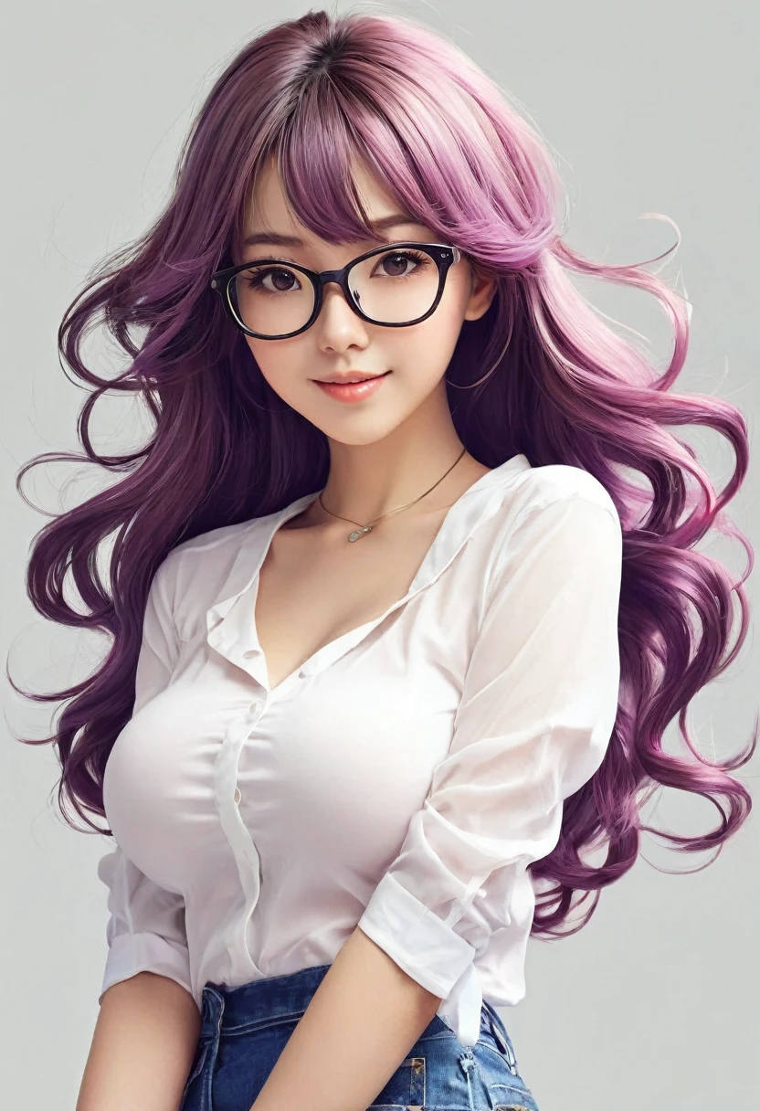 "Generate a character design for an anime or cartoon style girl with the following features:"
- Proportions: Enlarged bosom (cup size > D), large buttocks, thin waist
- Facial structure: Cute, youthful features, perhaps with glasses or a signature accessory 
- Skin tone: Soft, pastel colors or pastel undertones
- Hair style: Bouncy, flowing locks in bright, vibrant colors
- Expression: Playful, innocent, or mischievous
- Attire: Colorful, fitted clothing accentuating her curvaceous shape, white tight shirts , slightly visible Arreola ,