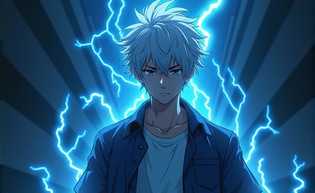a 20-year-old young man with a serious expression, surrounded by an electric aura. His hair is spiky and messy, white or silver, which contrasts strongly with the dark, bluish lighting that dominates the scene.. He is dressed in a short-sleeved T-shirt over a long-sleeved T-shirt, both in dark tones, which gives it a casual but powerful air.
The background is shrouded in darkness, with rays of blue electricity snaking around the character, illuminating it dramatically and highlighting its figure in the dim light. The atmosphere is intense, conveying a sense of contained power and potential danger. The combination of the character's relaxed posture and the visual effects of electricity suggests that he is about to unleash an impressive force..
This style is semi realistic anime , with a focus on energy effects and building a tension-filled environment. It is a scene that could belong to a climatic moment