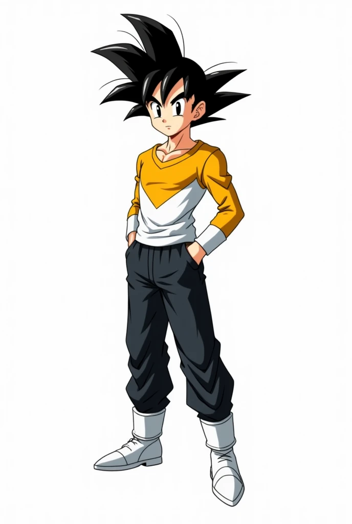 Create a male anime character with black hair from Saiyan upwards, black eyes, light skin, shirt with white bottom, yellow top and yellow sleeves, black pants and white shoes and white background.