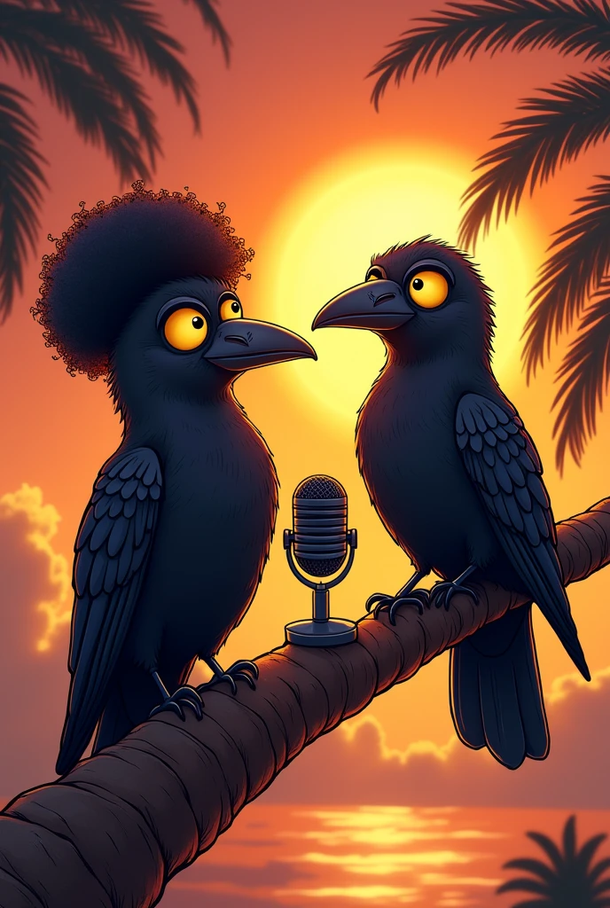 Two funny raven with yellow eye. One with afro the other one somikin. haging up in a palm
talking with podcast microphone. One of the. palm is on fire
